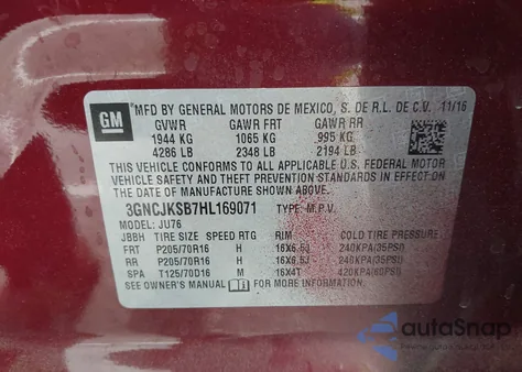 2017 Chevrolet Trax Ls из США, поврежденный, VIN 3GNCJKSB7HL169071